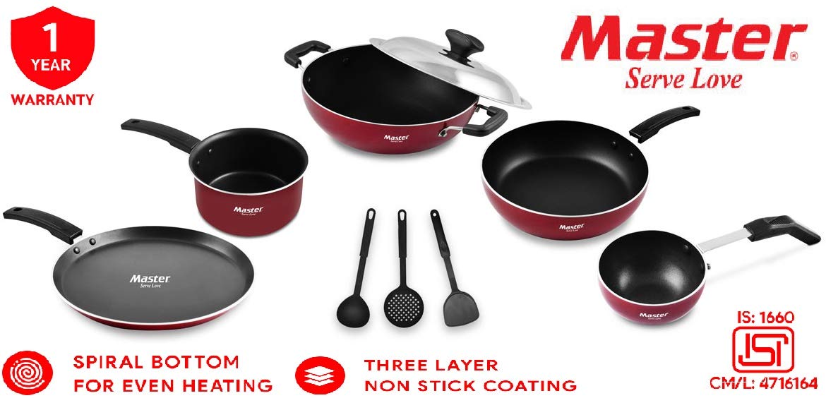 Master Fiesta Non Stick Aluminium Cookware Set, Maroon, 9 Pieces, 2.6 – The  Master Store