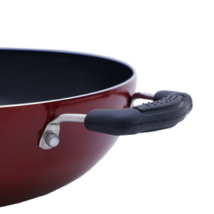Non stick  Aluminum Kadai with stainless steel lid | 24cm | Maroon | Made in India.