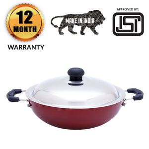 Non stick  Aluminum Kadai with stainless steel lid | 24cm | Maroon | Made in India.